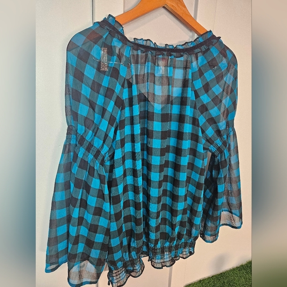 Candie's XL Blue & Black Plaid Sheer Blouse Bell Sleeve Velvet Tie Boho Top - Picture 8 of 9